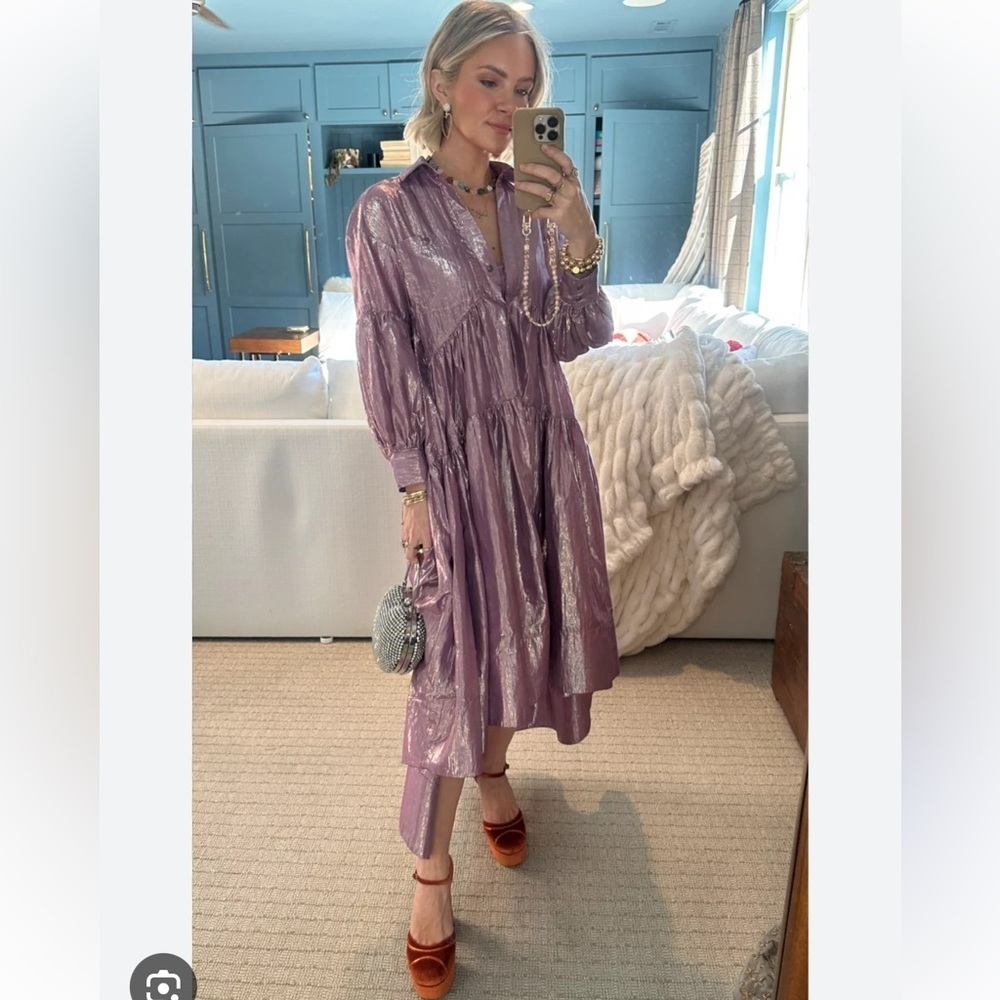 Anthropologie Pilcro Long-Sleeve V-Neck Metallic High-Low Dress in Lilac - Picture 3 of 13